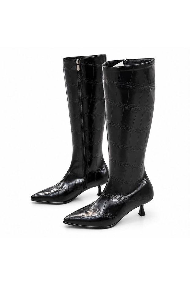 Women's Long Boots with Crocodile Print, Pointed Toe, and Zipper—Stylish Design