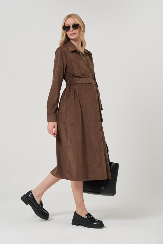 Midi Length Velvet Dress with Front Pockets and Belted Waist for Pregnant Women, DARK BROWN