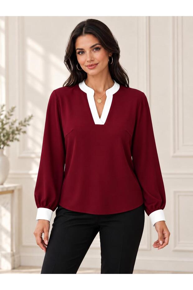 Women's Contrast Collar Detailed V-Neck Long Sleeve Stylish Blouse