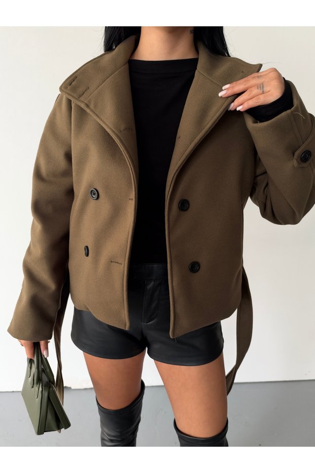 Arven high neck, belted, short, linered kaşe coat, black, brown.