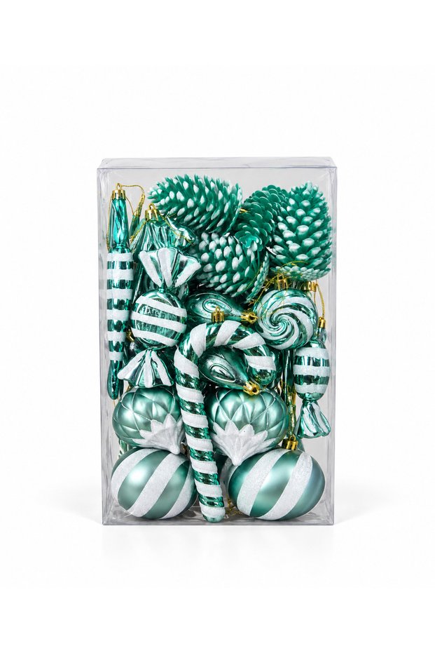 Can Süs 26-Piece Mint Green and White Christmas Tree Ornament Set – Pinecones, Candy Canes, and Assorted Christmas Ornaments