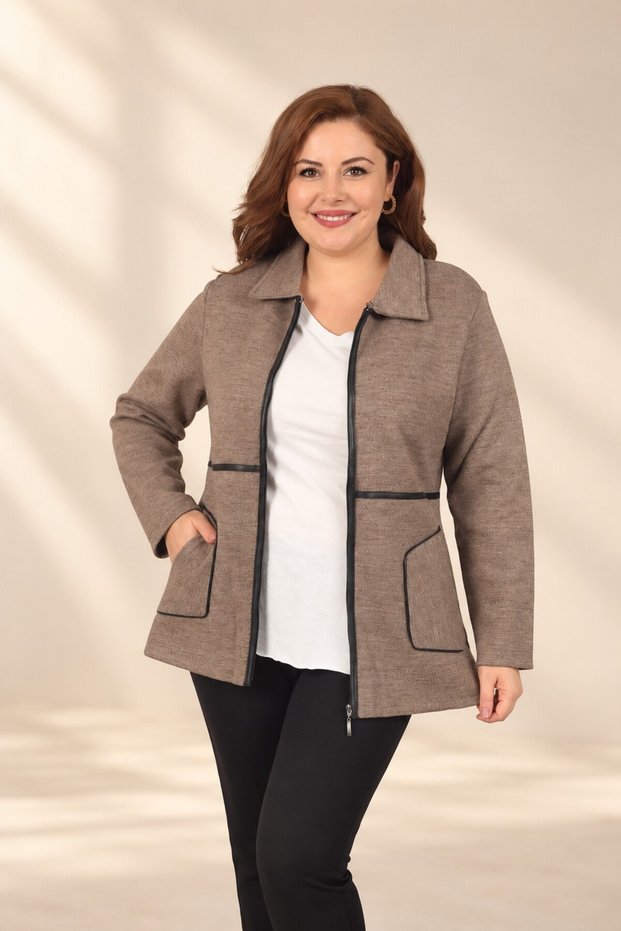 Women's Front Zippered, Leather-Piped, Zippered Pocket, Plus-Size Acrylic Knit Cardigan