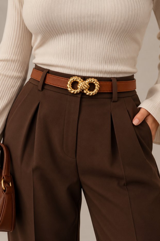Women's Gold Double-Ring Buckled Slim Belt – Belt for Pants and Dresses with Seam Details