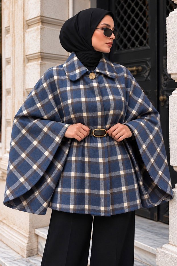 Pera Buttoned Plaid Poncho TSD260365 Blue