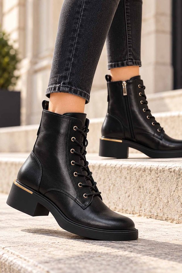 Women's Black Combat Boots with Laces and Zipper, Heeled Casual Boots