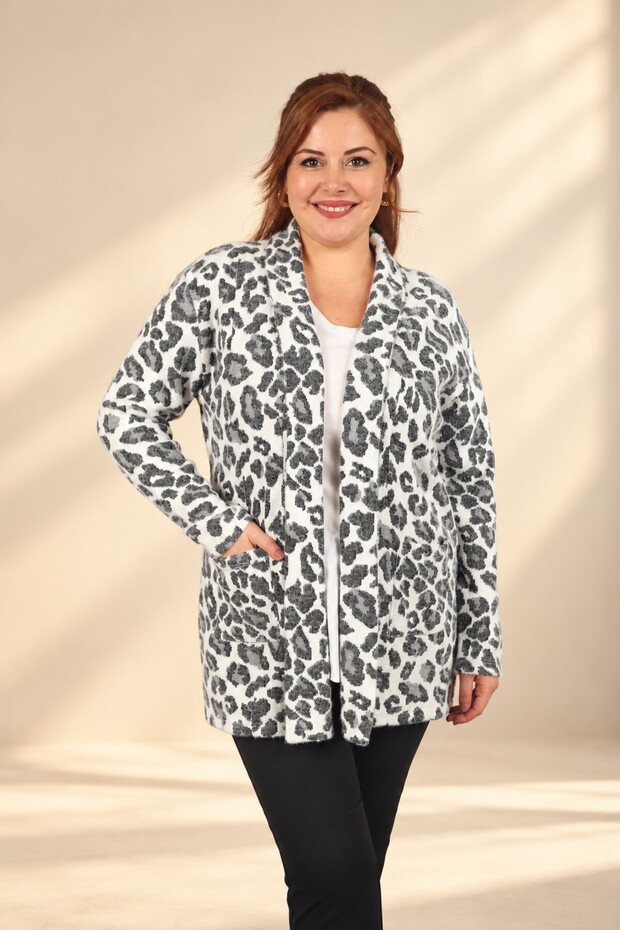 Women's Shawl Collar Leopard Print Viscose Knit Cardigan with Pockets, Plus Size