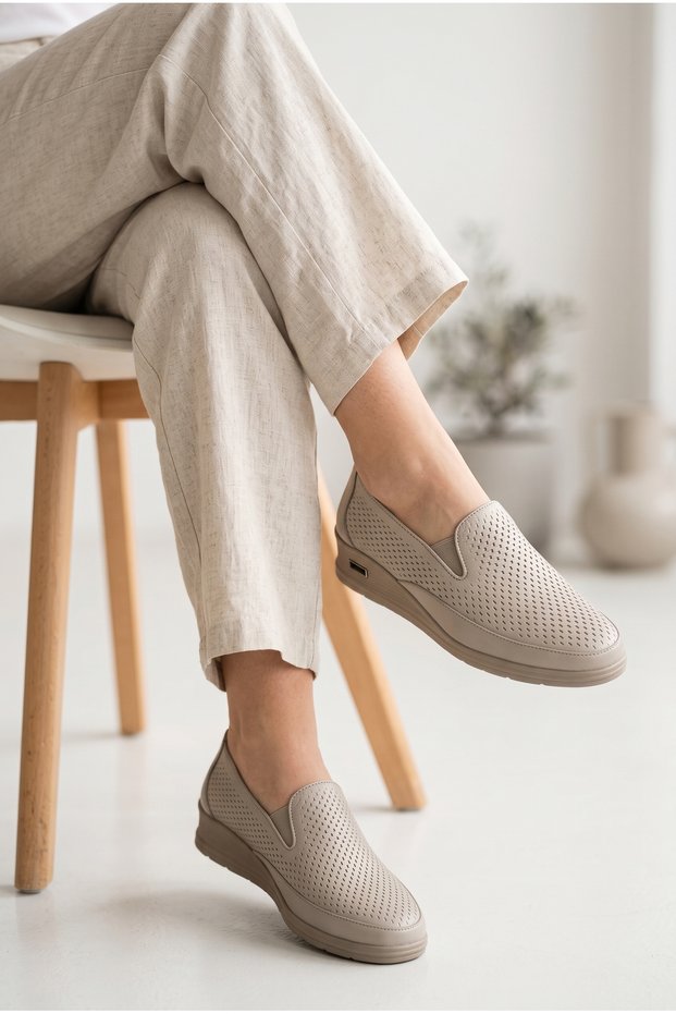 Women's Genuine Leather Perforated Comfort Slip-On Shoes with Padded Soles