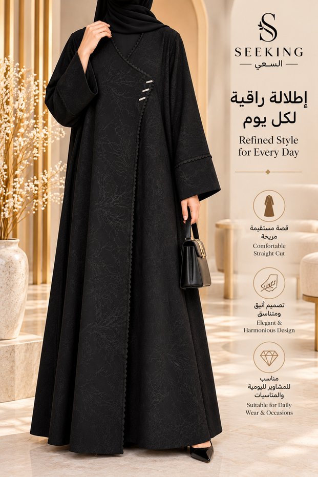 Seeking Luxury Black Women's Embroidered Abaya with Straight Cut and Flared Sleeves and Metal Details Elegant Abaya