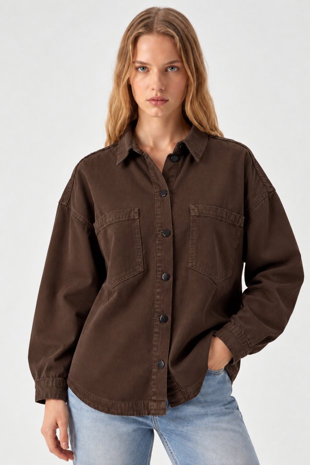 Women's Oversized Brown Shirt Jacket with Pockets