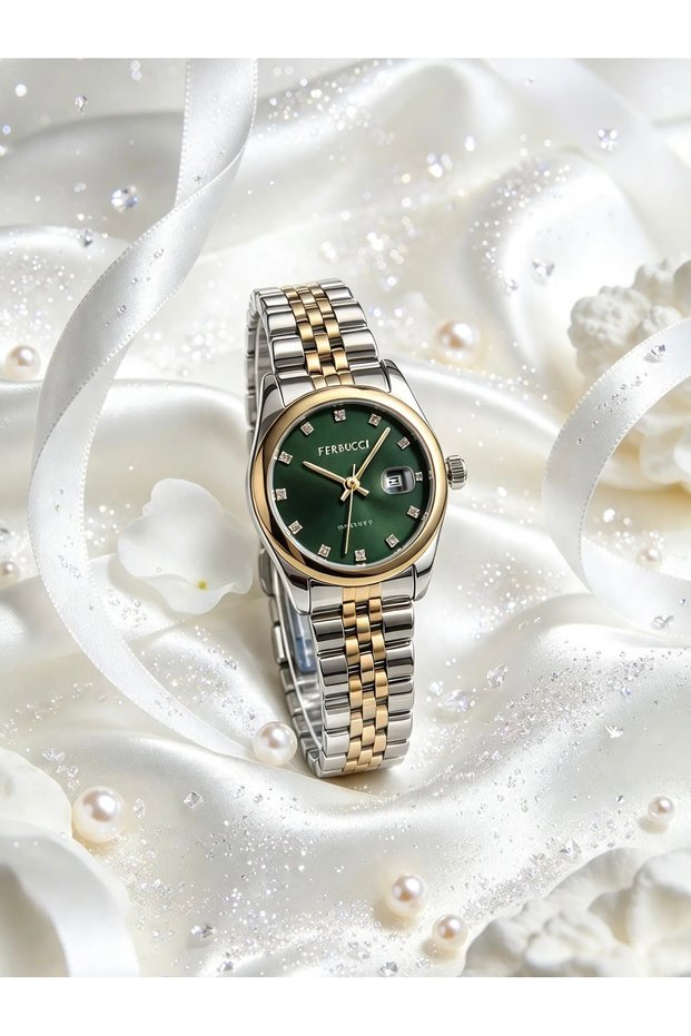 Ferrucci̇-(Gold&Silover) Women's Wrist Watch with Green Inner Dial Jubilee Cord