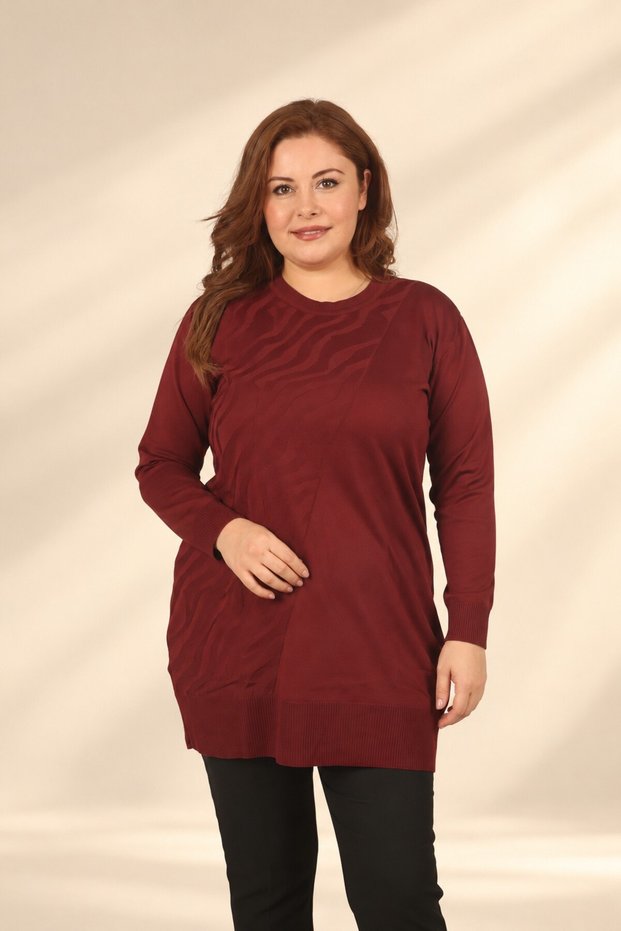 Women's Single-Layer Wavy-Patterned Tunic Blouse with Side Slits, Made of Cold-Spun Yarn, Plus Size