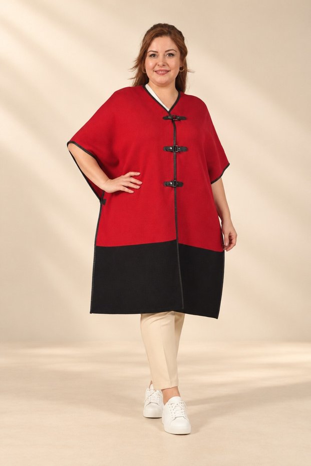 Women's Leather-Piped, Front-Snap, Color Block, Plus-Size Acrylic-Steel Knit Poncho