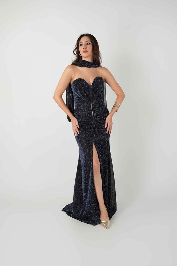Jakar Fabric Strapless Evening Dress with Shawl Detail - Dark Blue