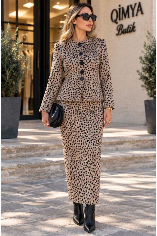 MISS NEŞEM Women's Leopard-Print Long-Skirted Crew-Neck Jacket Two-Piece Set