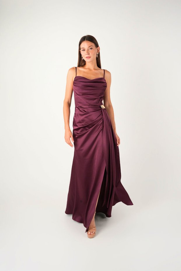 Satin Fabric Shawl Detailed Evening Dress - Patlican Purple