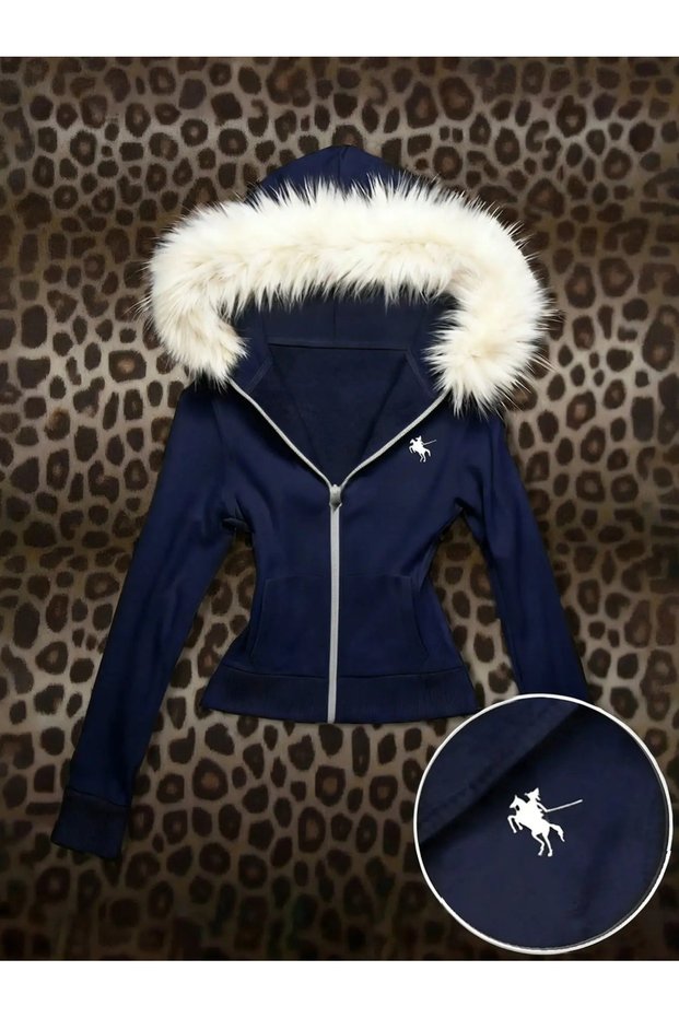 Luxury Fur Hooded Zip-Up Sweatshirt Cardigan with Fur Detail