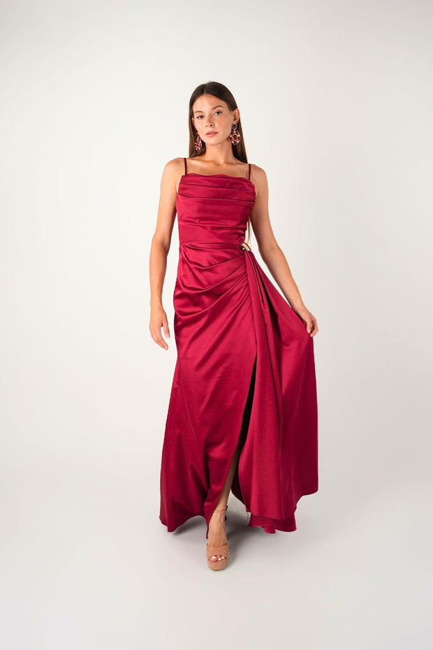 Satin Fabric Shawl Detailed Evening Dress - Bordo