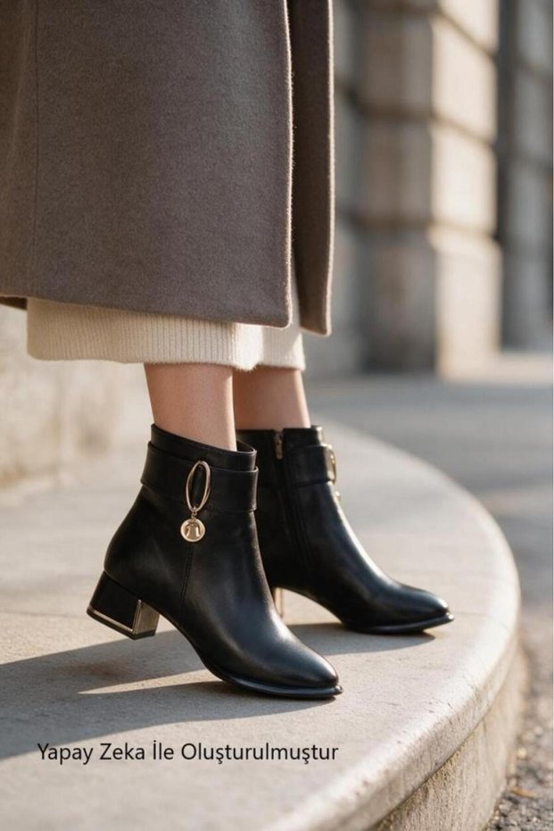 Women's Black Shiny 5cm Thick Shiny Heel Buckled Ankle Boots with Side-Zip Closure and Pointed Toe