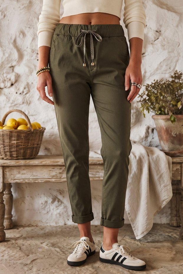 Italian Khaki Casual Stretch Fabric Woven Pants with Pockets, Elastic Waistband, and Drawstring, Narrow Leg Fit 102 58
