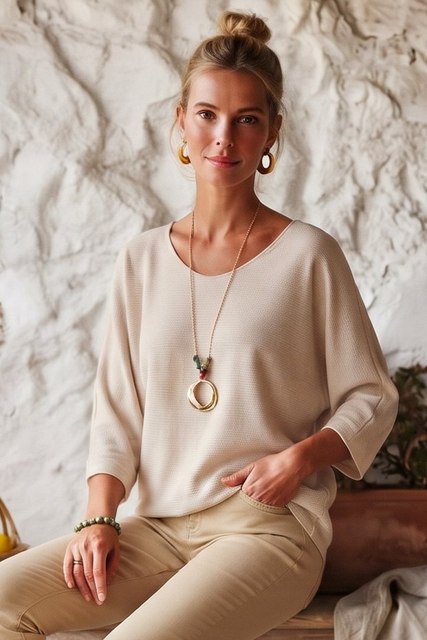 Italian Beige Pool-Neck Batwing Sleeve Collared Casual Oversized Knit Blouse 68 67