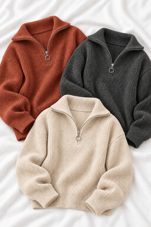Set of 3 Unisex half-zip selanik knit sweaters—Complete Set
