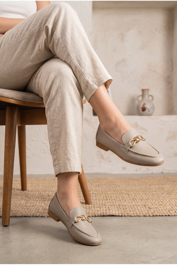 Women's Genuine Leather Classic Comfort Loafer with Knotted Metal-Accented Design