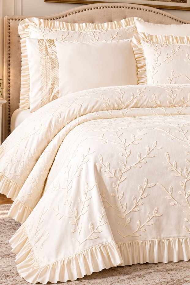 İnova Flower-Embroidered Double Bedspread