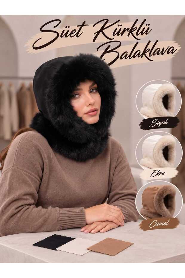 Women's Suede-Fur-Trimmed Balaclava Hat with Hooded Neck Warmer and Winter Snow Mask