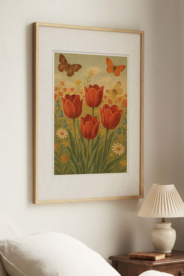 1 NOSTALGIC COUNTRY GARDEN-THEMED VINTAGE PAINTING WITH A NATURAL WOOD FRAME