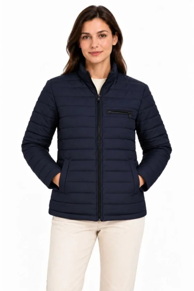 Stand collar water repellent padded three-pocket jacket - navy blue
