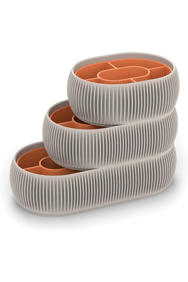 Stackable Desk Tray Set of 3 with Removable Compartment Inserts, Clips, Jewellery and Makeup, Greige