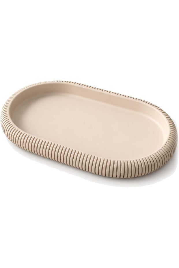 Ribbed Oval Decorative Tray 19.7 x 12.3 cm, Minimalist Catch All Tray for Keys, Beige