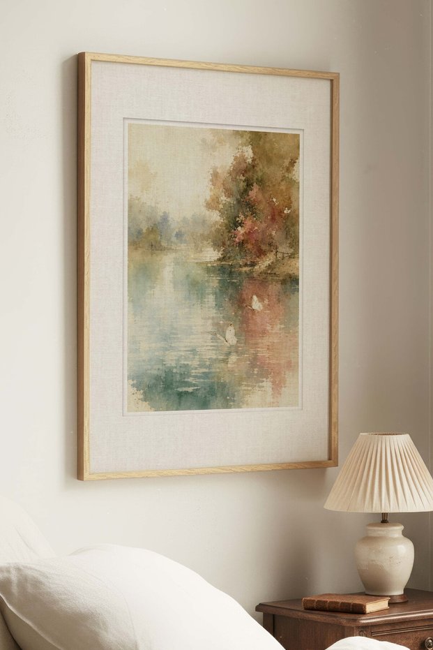 1 VINTAGE PAINTING WITH A MISTY SHORELINE THEME IN A NATURAL WOOD FRAME
