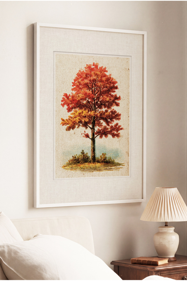 1 VINTAGE PAINTING WITH A "FALL FIRE" THEME IN A WHITE WOODEN FRAME