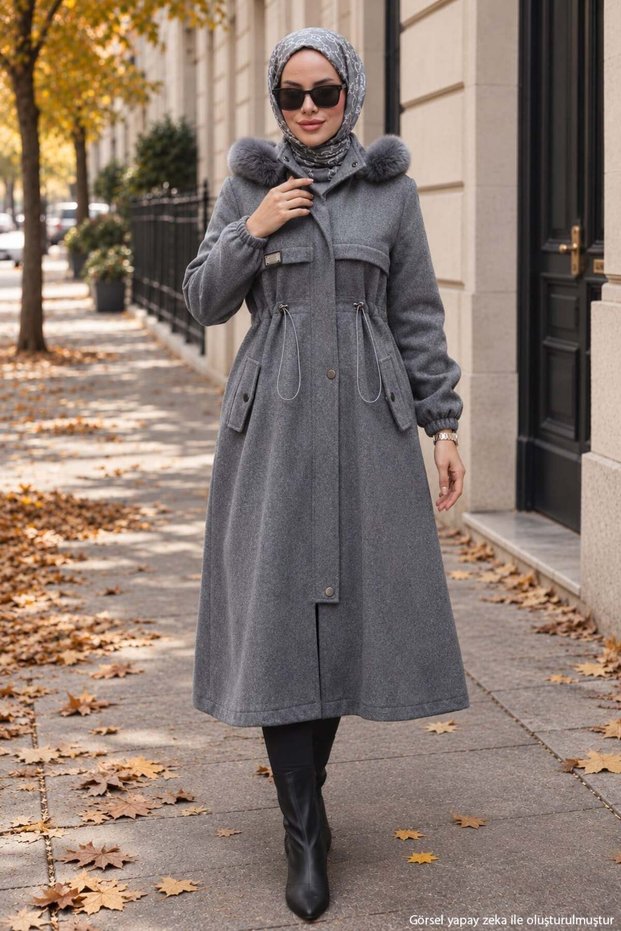 Tunnel-Detail Melton Coat, Gray HM2980