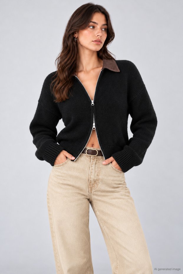 Women's Wool-Blend Knit Cardigan with Denim Collar and Double Zipper