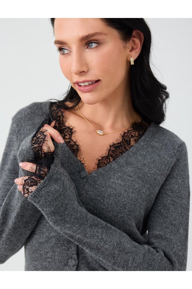 Anthracite V-Neck Straight-Cut Knit Cardigan with Lace Collar Detail