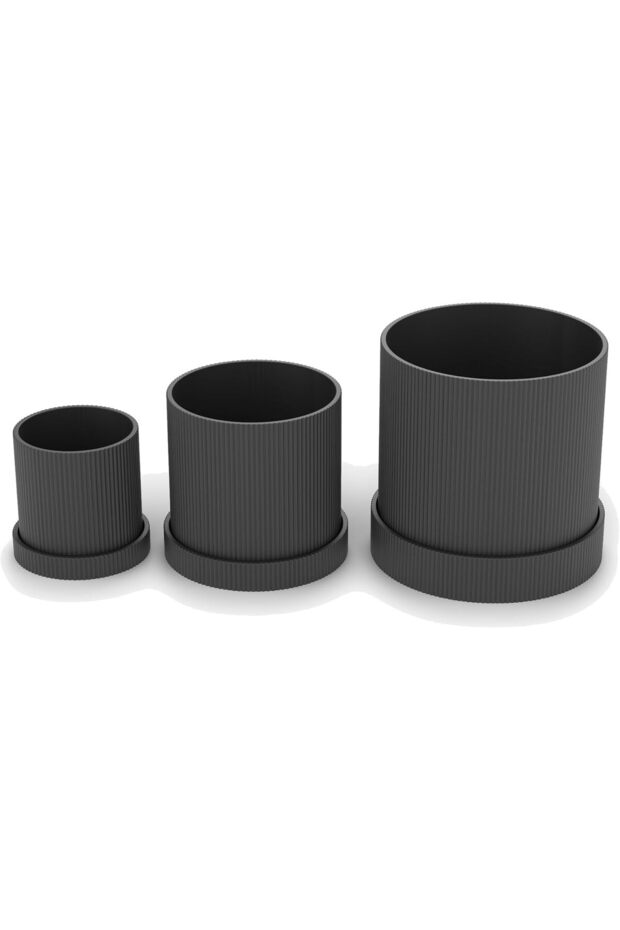 Ridged Planter Set of 3 with Drip Trays, 8.3, 10.8 and 14.1 cm Tall, for Succulents, Black