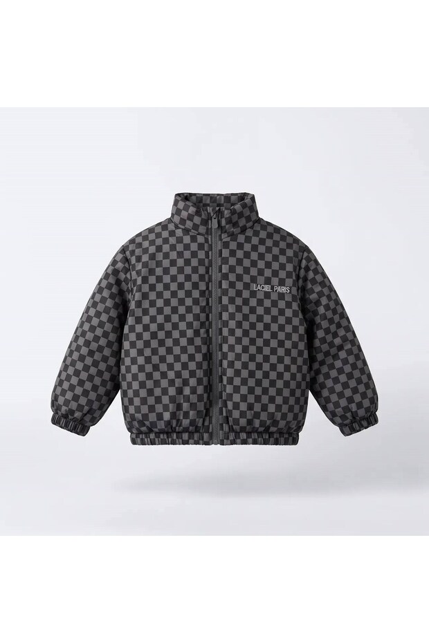 Children's Black Checkered Pattern Fleece-Lined Mock Neck Zipper College Jacket