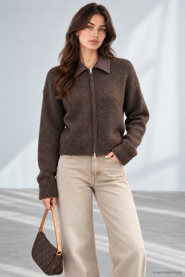 Women's Wool-Blend Knit Cardigan with Denim Collar and Double Zipper