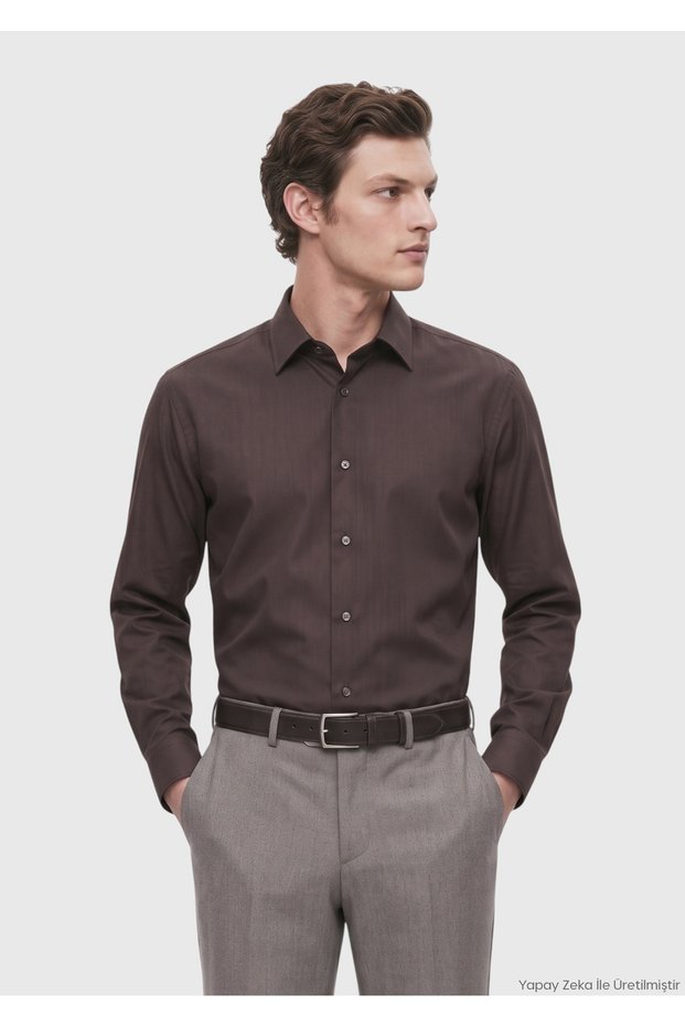 Brown Plain Casual Fit Long Woven Casual Silk Blend Shirt