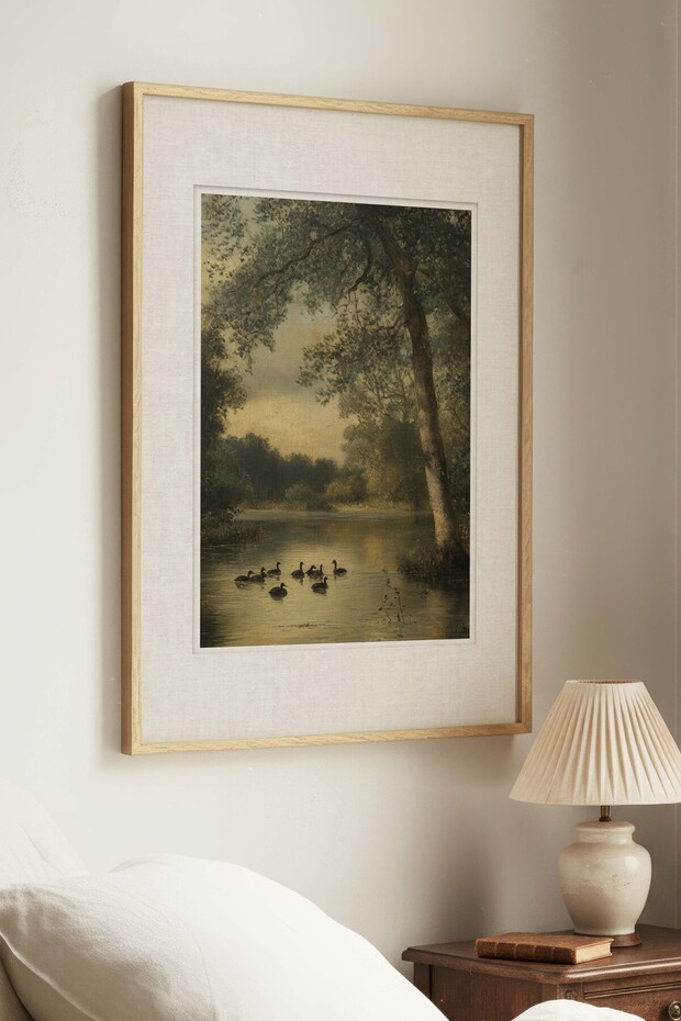 1 VINTAGE PAINTING WITH A "CITY ON THE LAKE" THEME IN A NATURAL WOOD FRAME