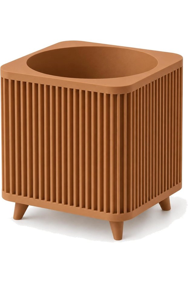Ribbed Square Planter with Legs, 12.5 cm Opening, Modern Mid-Century Plant Pot for Indoor Plants