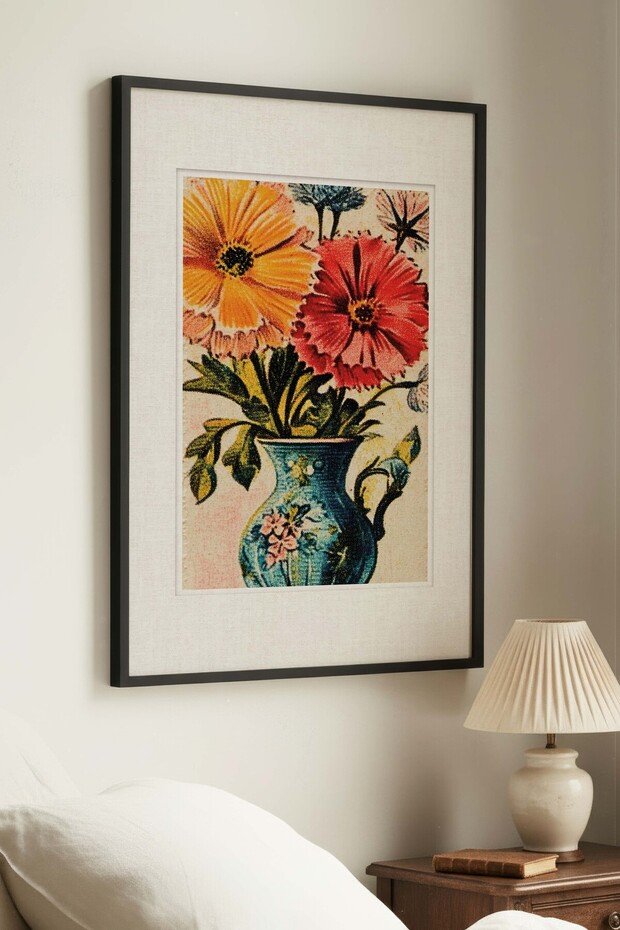 1 VINTAGE PAINTING WITH A "SPRING BREEZE" THEME IN A BLUE VASE WITH A BLACK WOODEN FRAME