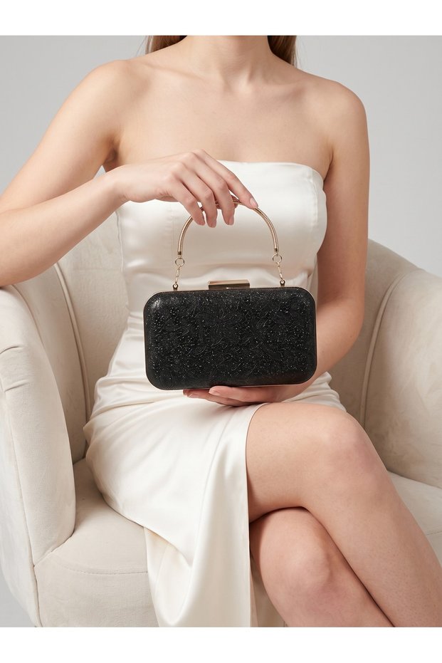 Women's Evening Clutch with Black Floral Print, Laser-Cut Silver Frame, and Metal Handles—Perfect for Weddings, Engagements, and Graduations