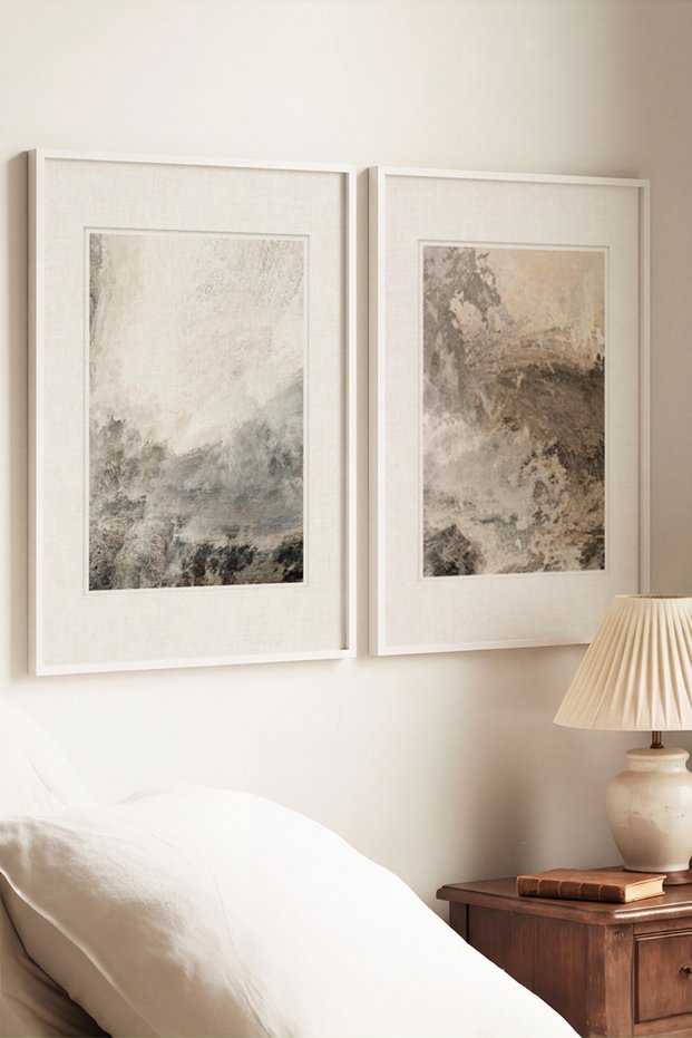 2 VINTAGE PAINTINGS WITH WHITE WOODEN FRAMES FEATURING A MISTY NATURE AND ABSTRACT TEXTURE THEME