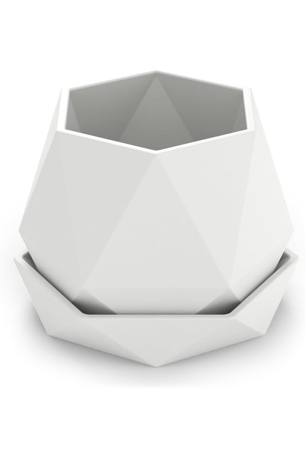 Geometric Plant Pot with Drip Tray, Faceted Low Poly Planter with Drainage Holes for Succulents
