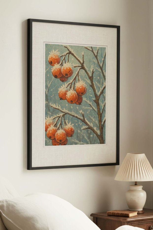 1 VINTAGE PAINTING WITH A BLACK WOODEN FRAME FEATURING A "FRUITS IN THE SNOW" THEME