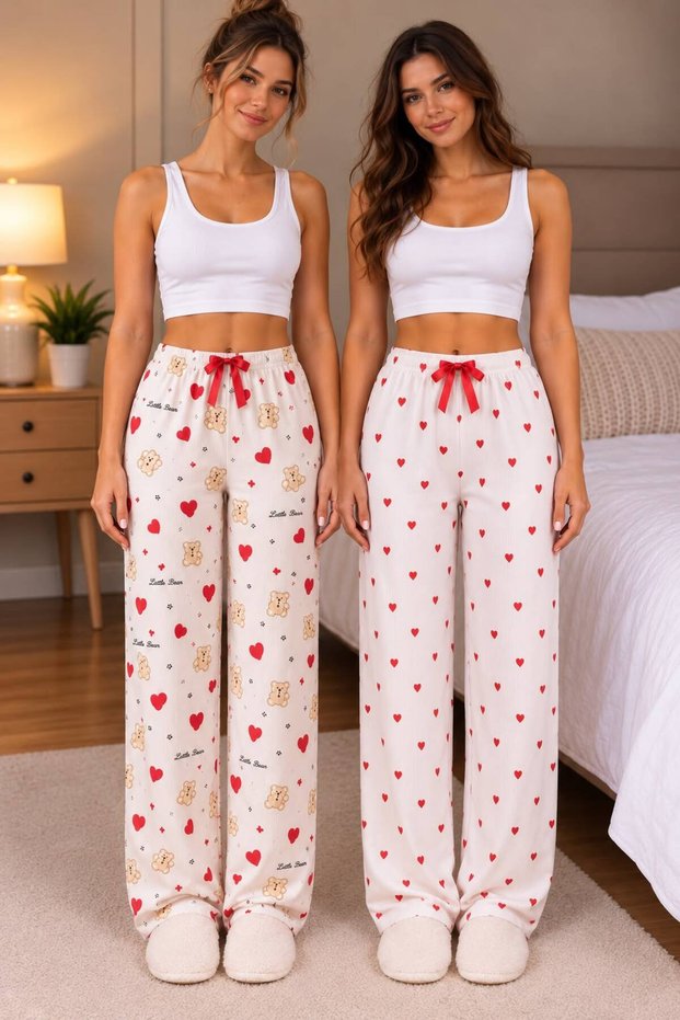 Women's Pajama Bottoms with a 2-Piece Cotton-Blend Light Satin Ribbon Detail and Small Teddy Bear Print