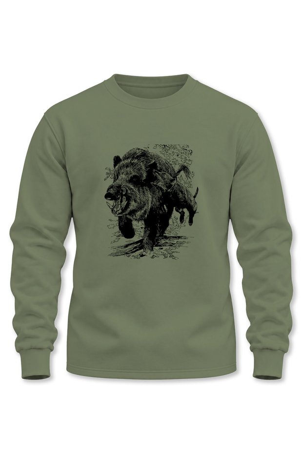 Hunting Hunter Pig-Printed Wild Boar Hunting Regular Fit Crew Neck Khaki Sweatshirt